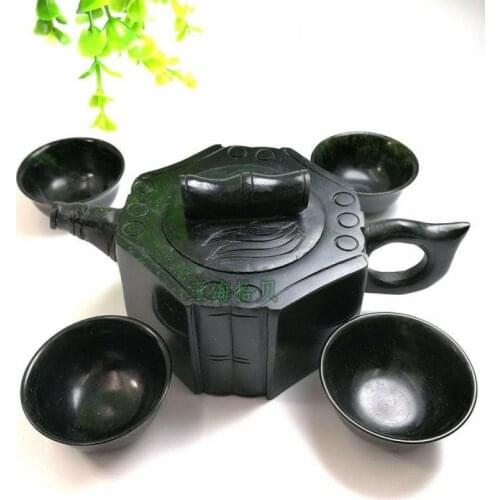 China handmade jade carving natural stone jade teapot and tea cup A set