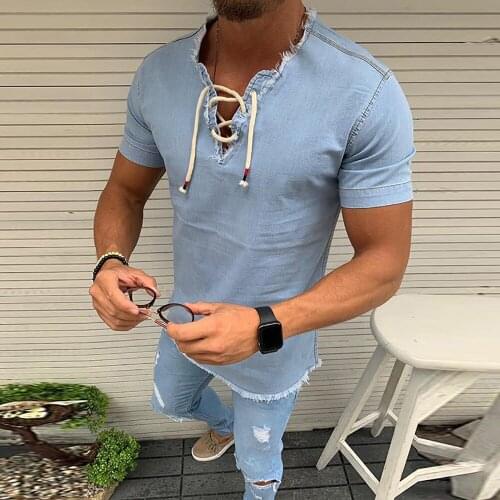 2021 New Mens V-neck T-shirt hollow out Lace-up Shirt Casual short Sleeve Wash Vintage Denim Blouse Fitness Bodybuilding Tops