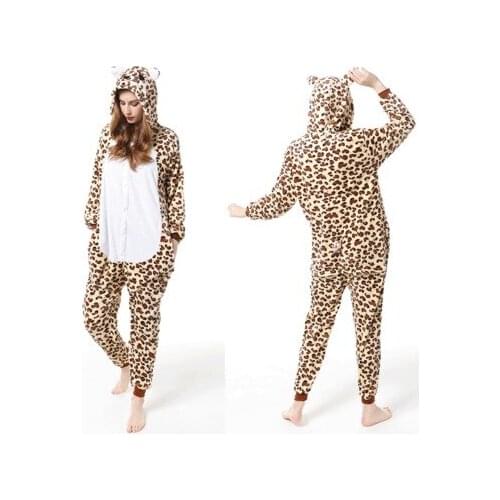 New Unisex Leopard Bear Flannel Hooded Pajamas Cosplay Cartoon Animal Onesies Sleepwear Suit Nightclothes for Men and Women