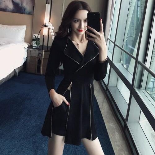 New Fashion Women Harajuku Dress And Shorts Lapel Zippers Slim Elegant Lady Party Dress Autumn 2 Piece Female Korean Clothing