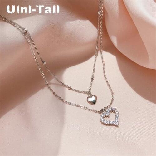 Uini-Tail hot new 925 sterling silver double heart-shaped micro-inlaid necklace simple fashion temperament sweet high quality