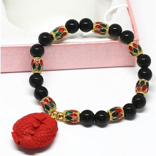 Charms stone natural black red green 8mm round jades chalcedony bracelet cinnabar fishes pendant beads gold-color jewelry B1410