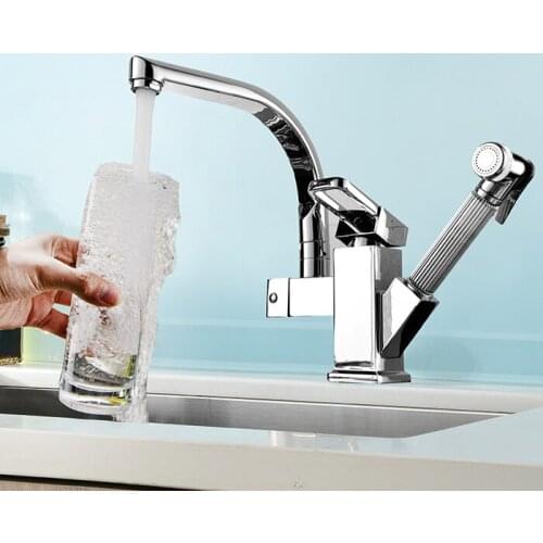 Full Copper hot and cold kitchen faucet pull out rotating retractable sink vegetables basin mixer with spray gun torneiras
