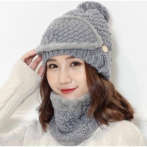 Hot 3 piece set / big pom poms balaclava wool knit hat hat scarf hat set winter ladies thick hat label: hat