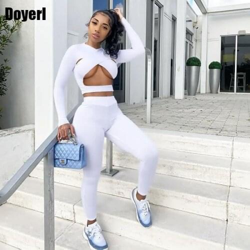 Tracksuit Two Piece Set for Women Sweat Suits Plain Cross Bandage Crop Top and Pants Set Sexy Night Club Outfits Matching Sets