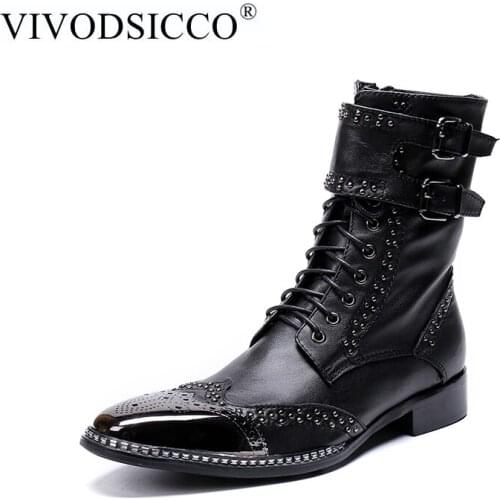 VIVODSICCO Men Fashion Boots Genuine Leather Men Rivet Shoes Mid-Calf Boots Male Low Heels Men Motorcycle Buckle Boots