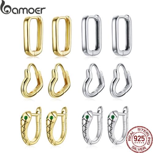 BAMOER Silver Square buckle Earrings 925 Sterling Silver Snake Classic Heart Hoop Earring for Women Wedding Fine Jewelry BSE478