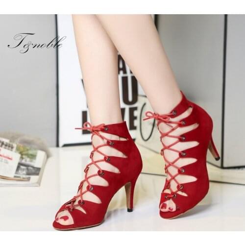 New Woman High Top Latin Dance Shoes Red Soft Sole Ballroom Salsa Dancing Shoes Party for Girls Suede Dance Jubilant Boots L361