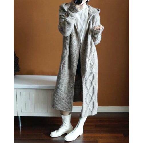 19 autumn and winter new hooded coat twisted cashmere knit padded jacket ladies sweater loose large size