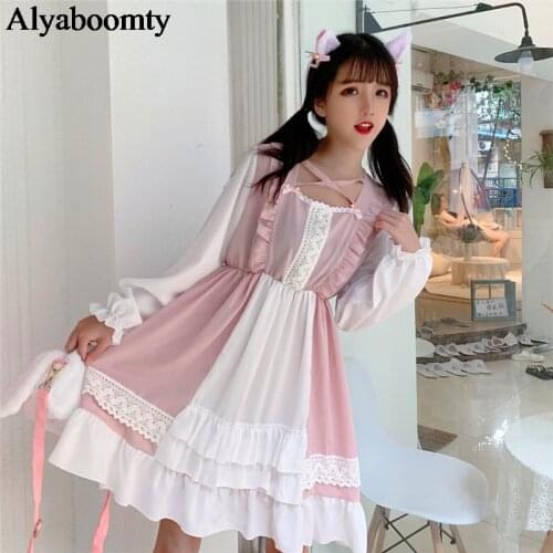 Japanese Spring Fall Women Lolita Dress Cross Collar Contrast Color Cute Dress Kawaii Sweet Hollow Out Ruffles Pink Black Dress