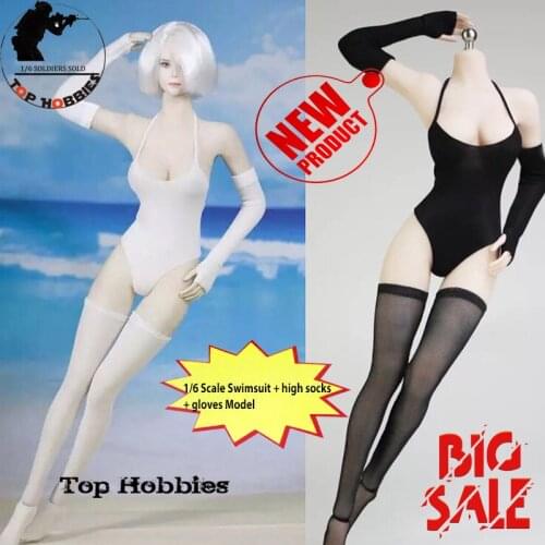 1/6 Scale Action Figure Siamese Jumpsuit One-piece Swimsuit Suit+High Stockings+Black/WT Gloves Set F 12in PH Body Toys Figure