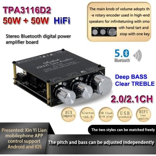 2*50W+100W Bluetooth 5.0 TPA3116D2 Power Subwoofer Amplifier Board 2.0/2.1 Class D Home Theater Audio Stereo Equalizer USB Amp