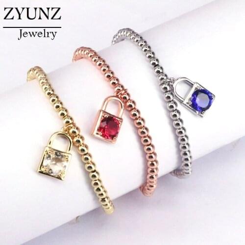 6PCS, Copper Beads bracelets CZ Padlock Charms beaded bracelets fashion jewelry accessories for women