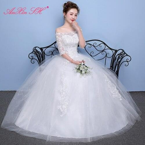 AXJFU princess flower lace white wedding dress party vintage boat neck illusion half sleeve bride glaring wedding dress