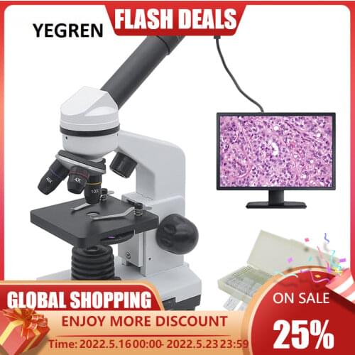 1600X Student Biological Microscope 2MP USB Electronic Eyepiece Digital Microscope 50 Slides with LED Lamp Monocular Microscpe