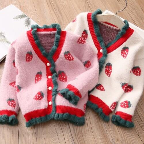 2021 Spring Autumn Winter 2 3 4 5 6 8 10 Years Baby Kids Long Sleeve Strawberry Knitted Thick Jacket Cardigan Sweaters For Girls