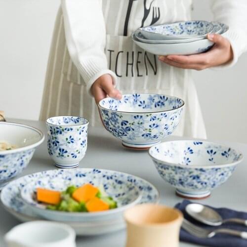 EECAMAIL Japanese-style Blue Flower Series Light Bone China Ceramic Tableware Household Dish Western Dish Rice Bowl Large Bowl