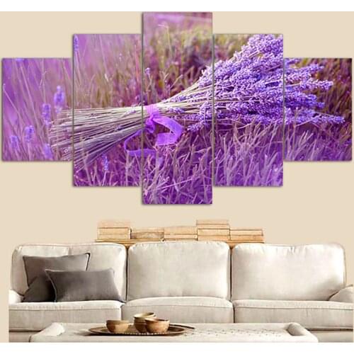 Art Painting Modular Pictures Framework 5 Panel Purple Lavender Flower Home Decor Living Room Wall HD Printed Modern Canvas