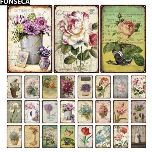 Lavender Tulip Metal Plaque Vintage Flowers Tin Sign Wall Decoration for Room Garden Kitchen Home Living Room Iron Painting