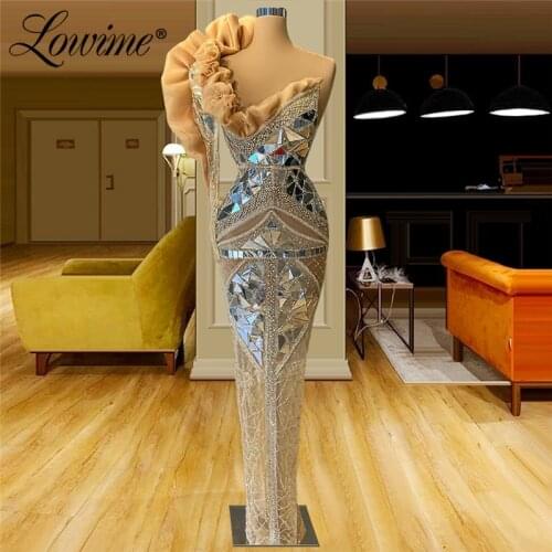 Lowime Sparkly Crystal One Shoulder Evening Dress Floor Length Arabic Plus Size Mermaid Party Dresses 2021 Custom Made Prom Gown