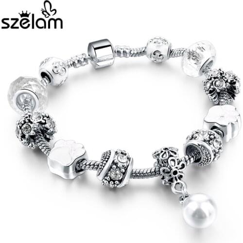 Fashion European Style Silver Bracelets & Bangles With Simulated Pearl Charm Bracelets For Women Pulseira SBR160043