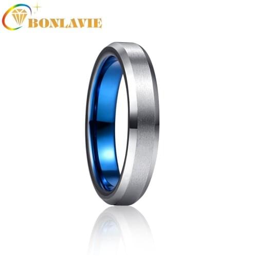 BONLAVIE 4mm Blue Outer Ring Steel Salad Chamfered Tungsten Carbide Ring Wedding Band for Men Comfort Rings Engagement Jewelry