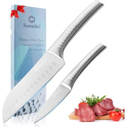 SUNNECKO 2PCS Set 6.5'' Santoku Knife 3.5" Paring Knife German 1.4116 Steel Blade Kitchen Knives Hollow Handle Sharp Cutter