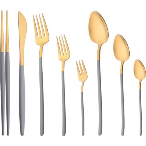 304 Stainless Steel Gold Dinnerware Set Unique Cutlery Matte Flatware Dinner Knife Fruit Fork Spoon Chopsticks Tableware Set