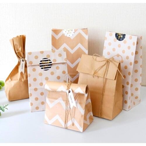 6sets Kraft Paper Bags Blank Dot Wave Baking Gift Candy Treat Bags Wedding Birthday Party Food Wrapping Bag