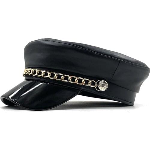Simple Women Black Military Hats Autumn Winter Fashion Wool Pu Leather Chain Newsboy Caps With Belt Female Gorras