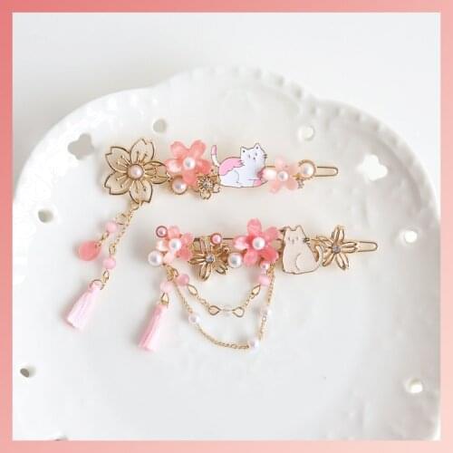 Romantic Sweet Pink Flower Cat Hairpin Girl Good Gift Simple Cute Cherry Blossoms Tassel Hair Accessories Headwear