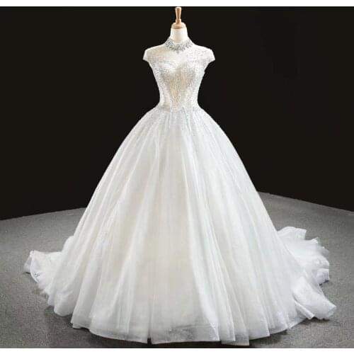 Luxury Beading Ball Gown Wedding Dress 2021 Long Train High Neck Elegant White Bridal Wedding Gown Lace Up Back Short Sleeve