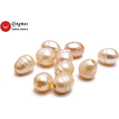Qingmos 10 Pieces Pink Pearl Beads for Jewelry Making DIY Necklace Pendant with Natural 2mm Big Hole 10-11mm Rice Pearl los648