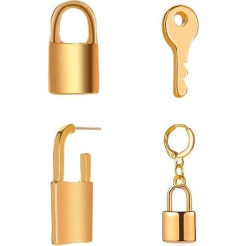 4pcs/set Punk Padlock Keys Stud Earrings for Women Girls Cool Geometric Lock Shape Earings Gold Ear Studs Sets Jewelry Bijoux