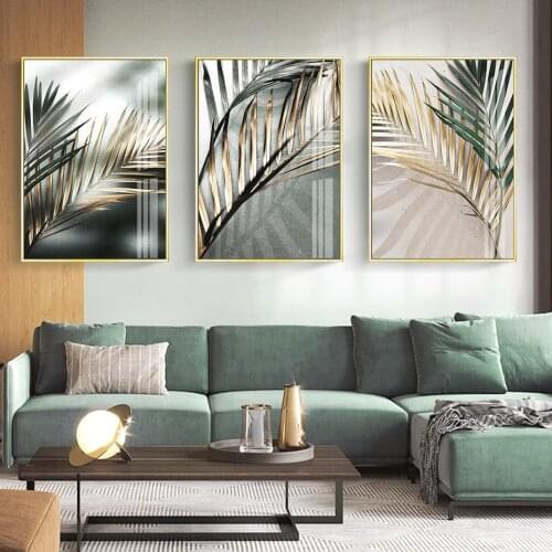 Contemporary Tropical Green and Golden Palm Leaves Canvas Painting Wall Art Prints Poster Living Room Home Interior Decor