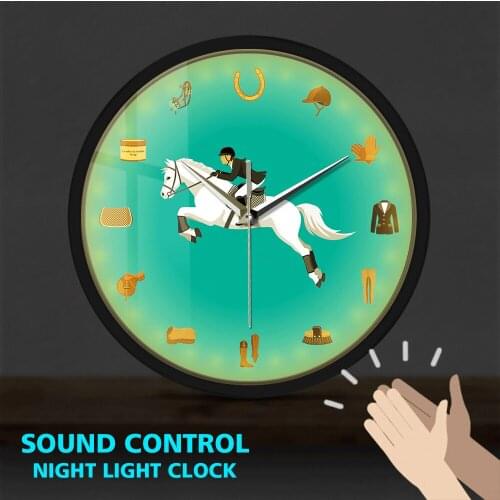 Equestrian Sport Equipments Metal Frame Wall Hanging LED Clock Sound Activated Horse Riding Watch Equestrianism Horse Lover Gift
