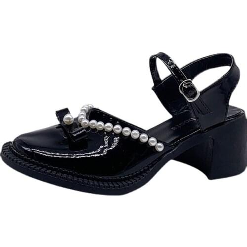 Mary Jane Shoes Pearl Women Beaded Summer Thin Retro Sandals High-heeled Japanese Jk Cosplay Thick With Round Toe