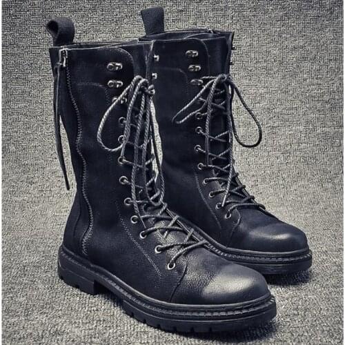Korean Style High Boots Martens Fall Winter Fashion Fashionable Long Tube Leather Lace-up Mens Denim Riding Boots