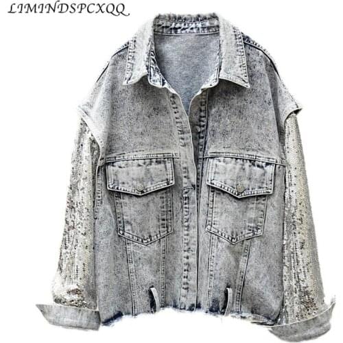 Women Bomber Denim Jacket Feminine Autumn Vintage Spliced Sequin Sleeve Jean Coat Outerwear Female Jeans Jacket Veste Femme Ropa