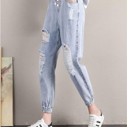 Large Size Womens Jeans 2021 Spring New Loose High Waist Hole Ankle-Length Denim Pants Ladies Beam Feet Hallen Jeans 5XL W69