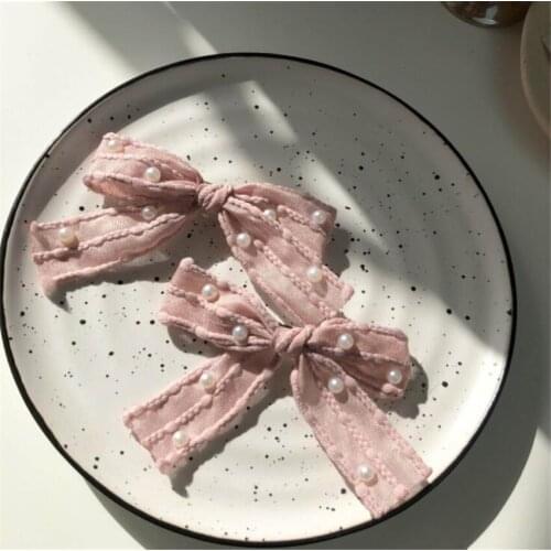 1 Pair Dark Pink Lolita Girl Lace Bow Pearl Hairpin Handmade Bowknot Hair Clip Hair Accessories B1868