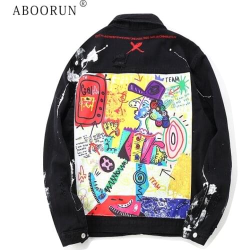 ABOORUN Mens Hip Hop Denim Jackets Oversized Graffiti Painted Jeans Jackets Male Brand Ripped Coat Streetwear x1282