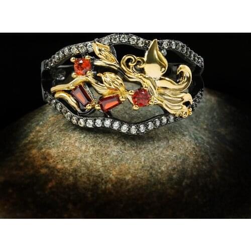 CHARLINLIOL Ladies Two-tone Black Gold Vintage Floral Ring Luxury 925 Sterling Silver Ruby Wedding Rings for Women Italy Jewelry