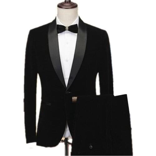 Black Velvet Shawl Lapel Men Suit Men Coat Pant Casual Single Breasted Men Slim Fit Suit Tuxedo Groom Blazer Wedding Suit