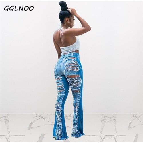GGLNOO Sexy Ripped jeans Fringe Hollow out Ruffle Flare denim Pants High Waist Bodycon Hole Women Trousers Club Outfits 2021