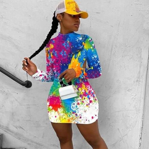 Hirigin Casual Print Long Sleeve Backless Mini Dress Women Autumn Clothes Skinny Bodycon Tight Clubwear Dress Hot Sale