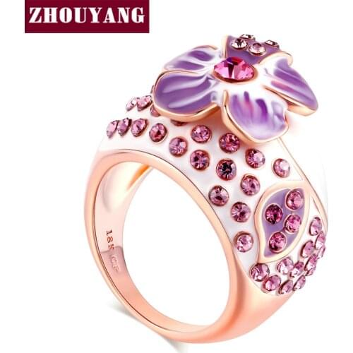 Purple Flower Rose Gold Color Ring Jewelry Austrian Crystals For Women Girl Paryt Top Quality ZYR045