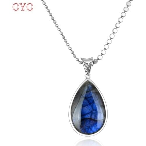100% s925 silver natural moonstone labradorite rough stone pendant female drop-shaped retro simple all-match jewel