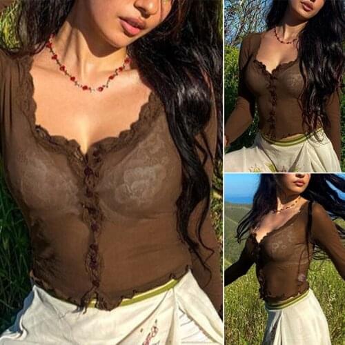 See Through Sexy Mesh Top Women T Shirts Lace Trim Vintage Girl Clothes V Neck Long Sleeve Cropped Tee