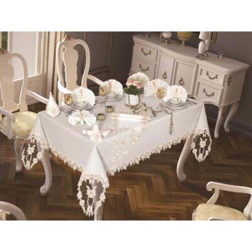 Luxury Table Cloth Set - Table Cover -26Pieces-Cream Color-Rectangular Dining Coffee Table Cover-Runner-Napkins-Rings-Daisy Love
